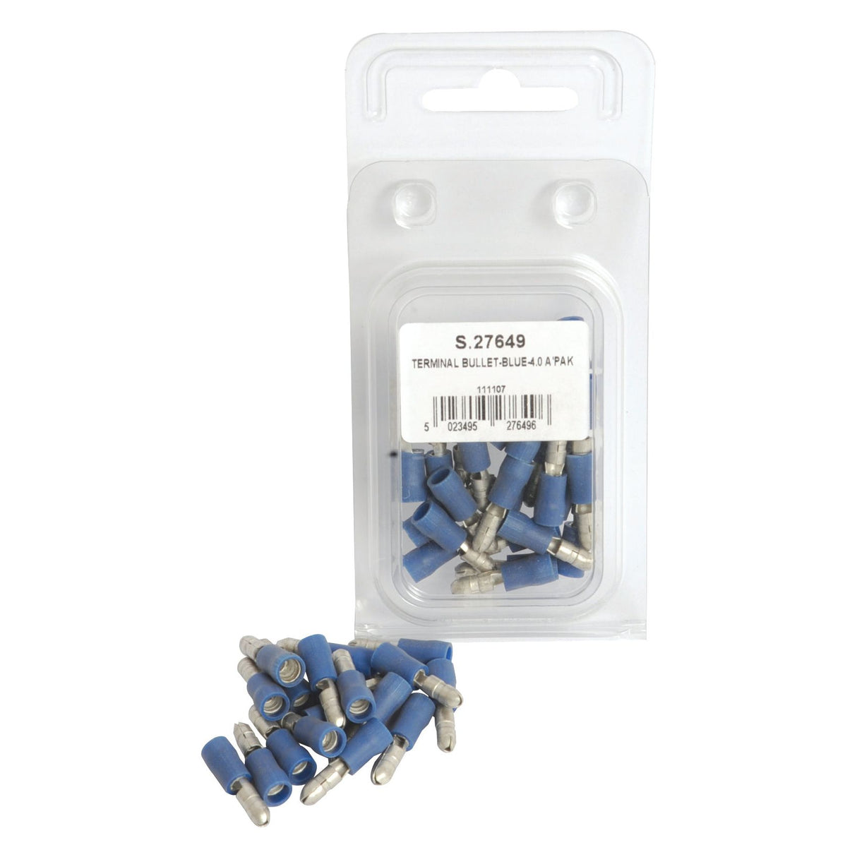 A plastic package containing blue bullet terminals is displayed, with additional terminals scattered below it. The label reads "Pre Insulated Bullet Terminal, Standard Grip - Male, 4.0mm, Blue (1.5 - 2.5mm) (Agripak 25 pcs.) - S.27649," indicating the high quality of these connectors produced by Sparex.