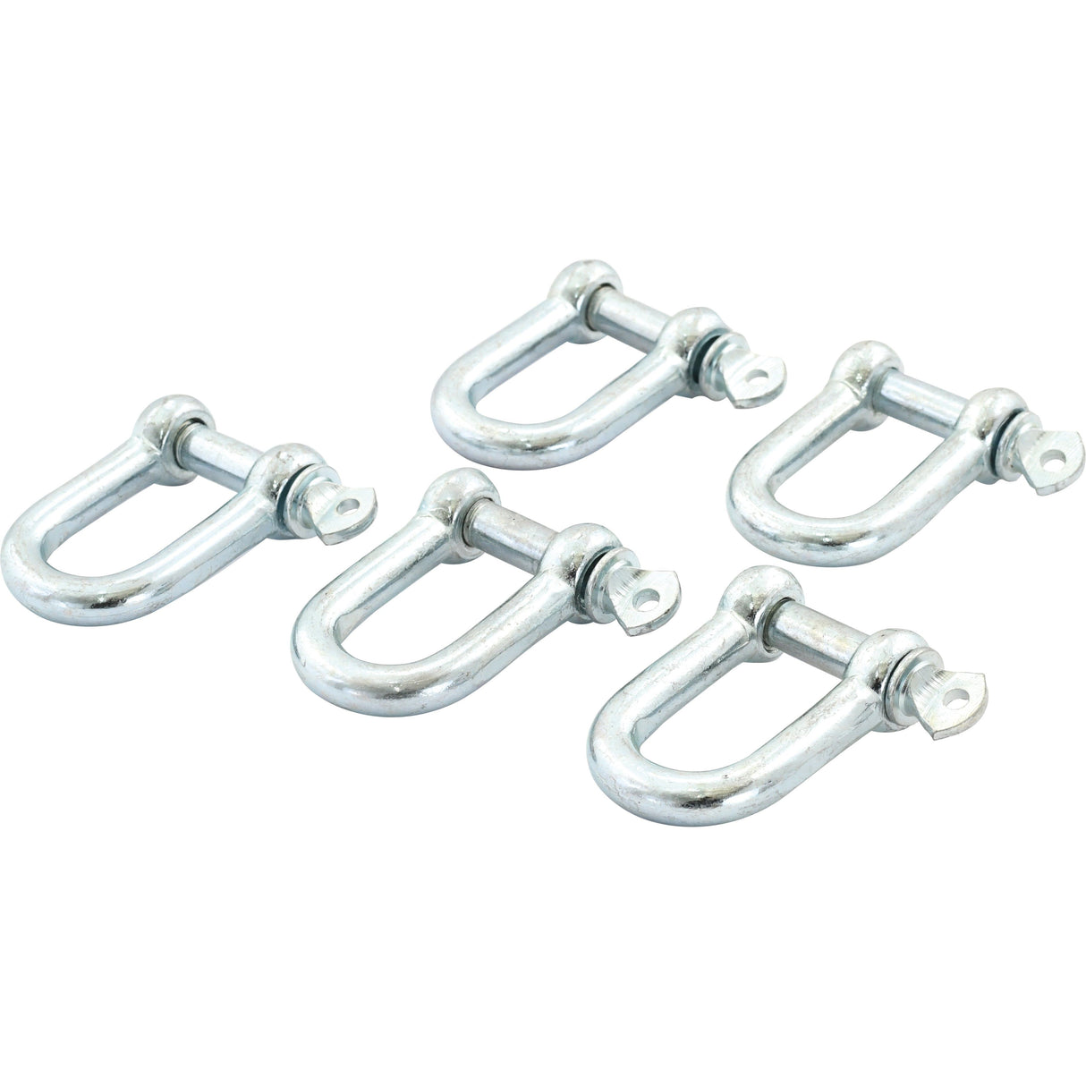 Five Sparex Screw Type D Shackles, each with a pin diameter of 12mm and a jaw width of 24mm, are arranged in two rows on a white background. These galvanised silver shackles feature screw pin closures and are crafted from durable mild steel.