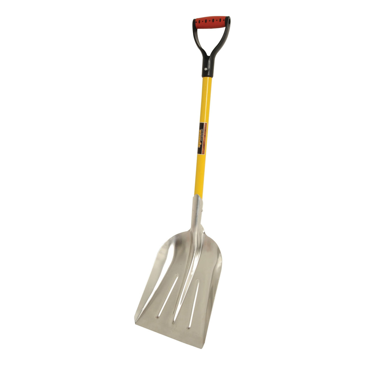 The Grain Shovel - S.27865 by Sparex features a wide, ridged blade ideal for efficient snow removal. It is equipped with a yellow handle and a black and red D-grip for comfortable use.