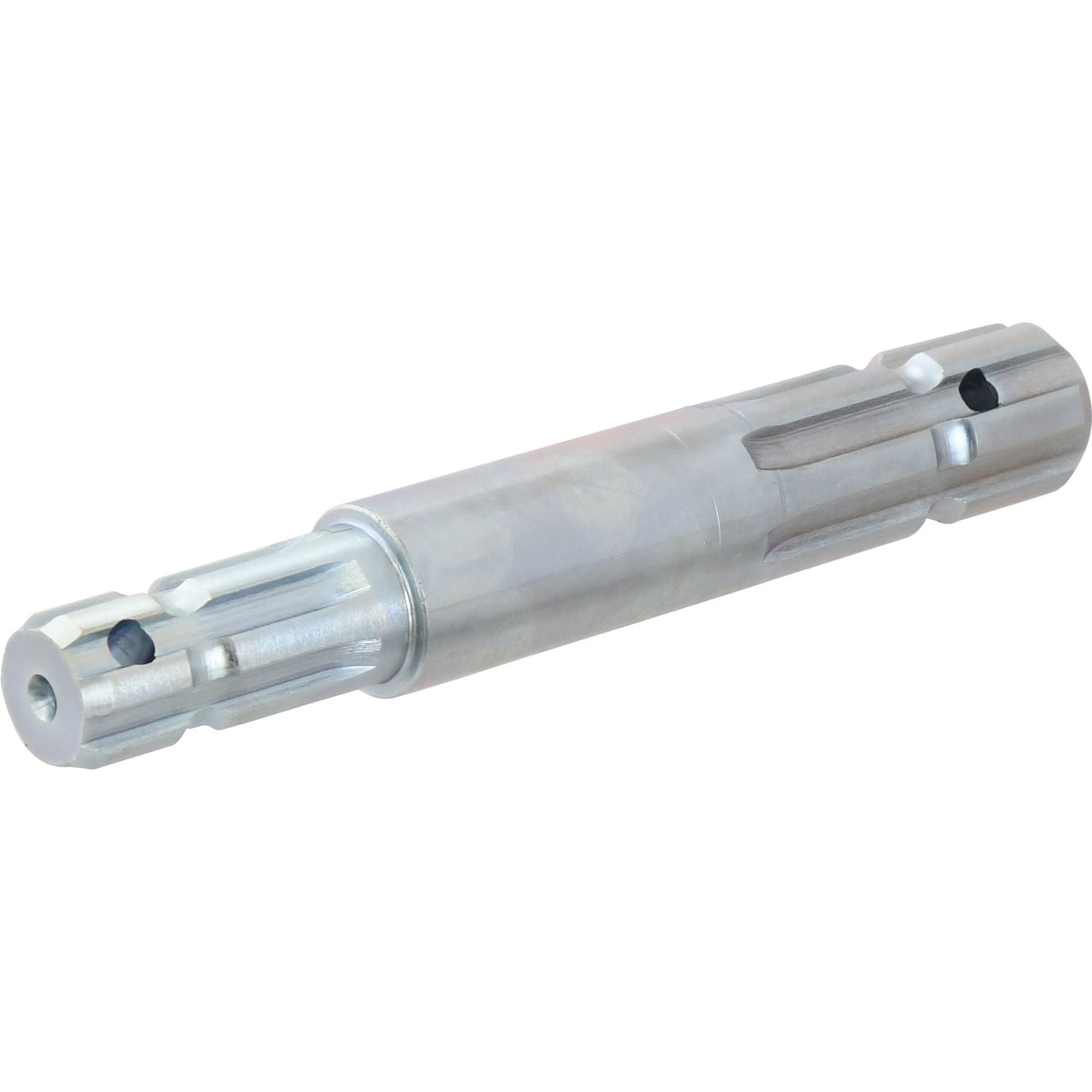 A metal cylindrical shaft, PTO Splined Shaft - Both Ends - 1 3/8'' - 6 Spline x 1 1/8'' - 6 Spline, featuring two ends with splines and holes drilled through each end, used for mechanical or automotive purposes. The part number is Sparex S.278 and the length is 230mm.