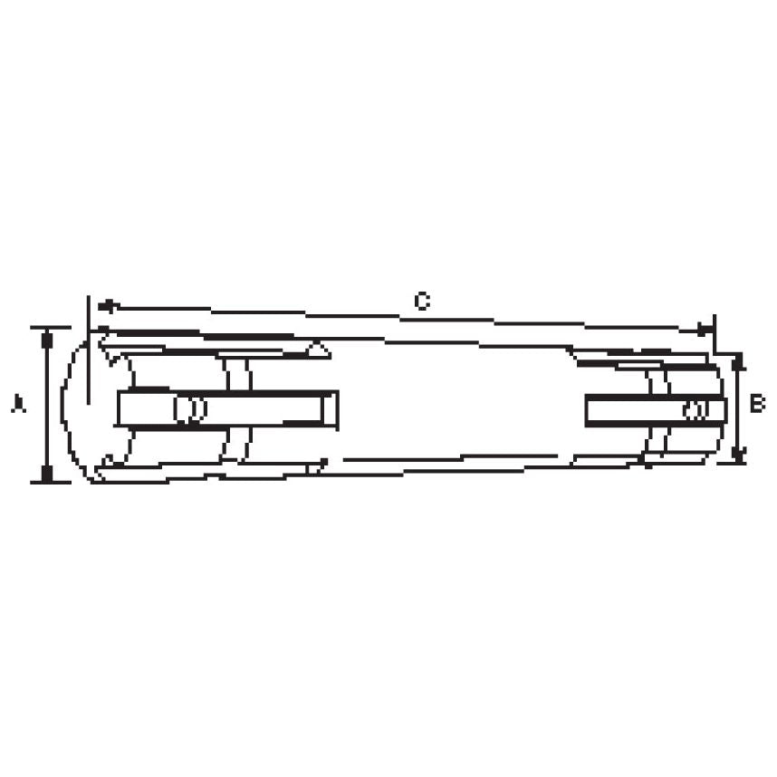 Technical drawing of a cylindrical component with dimensions labeled A, B, and C, featuring internal cutouts and ring-like structures at both ends. This Sparex PTO Splined Shaft - Both Ends - 1 3/8'' - 6 Spline x 1 1/8'' - 6 Spline, Length: 230mm (Sparex Part No.S.278) offers reliable performance in agricultural machinery.