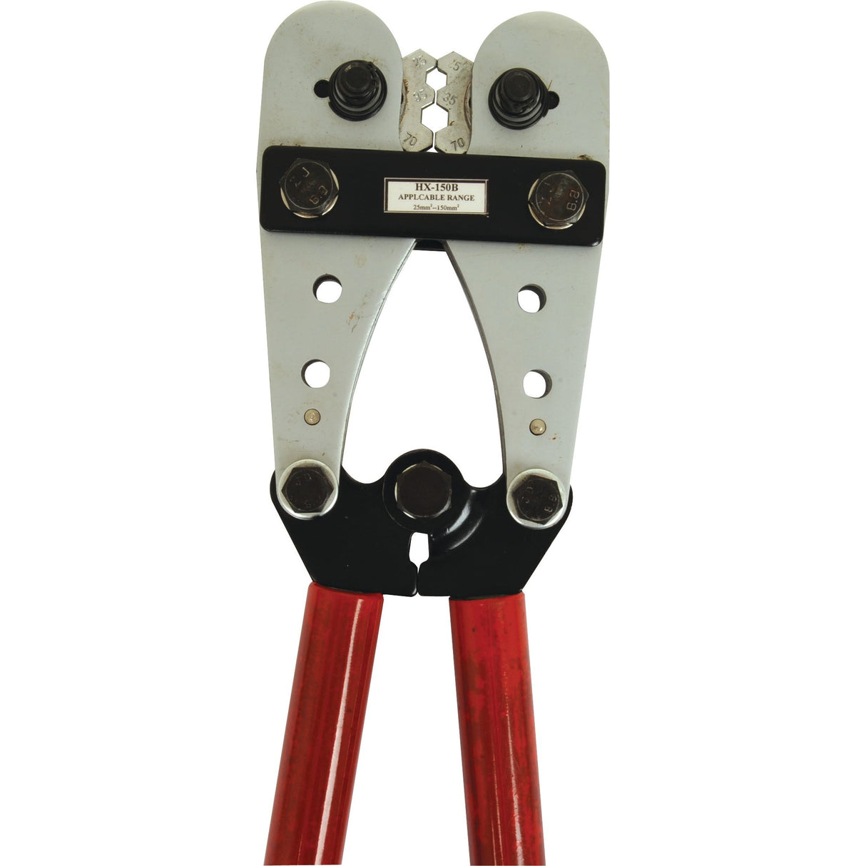 Close-up of the Crimping Tool - S.27990 by Sparex, featuring red handles and a metal head, designed for cutting metal bolts and chains. Suitable for heavy-duty tasks, this tool is essential for professionals.