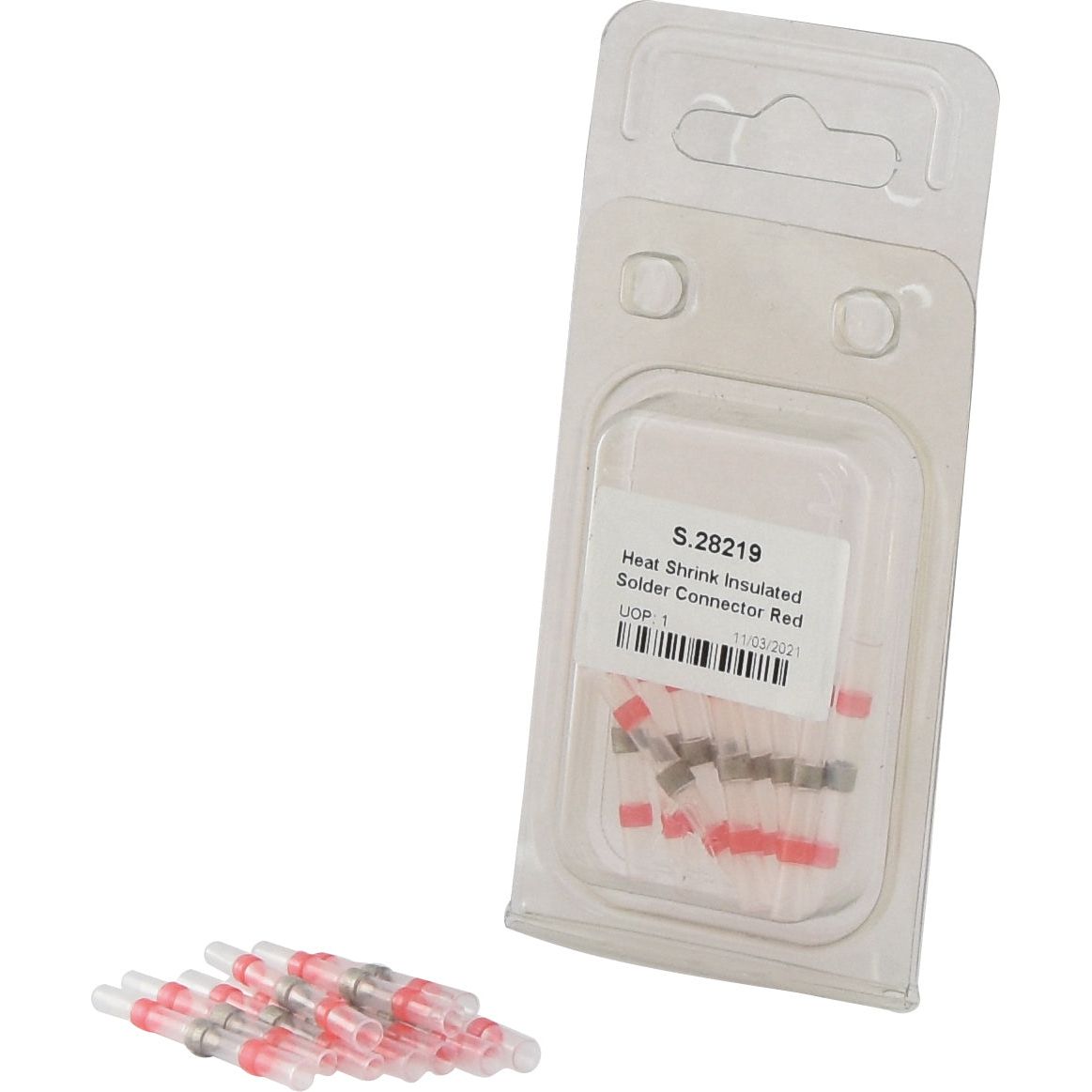 Plastic packaging branded Sparex, labeled Agripak, containing ten Heat Shrink Insulated Solder Connector Reds (Sparex Part No. S.28219), with several connectors displayed outside the packaging.