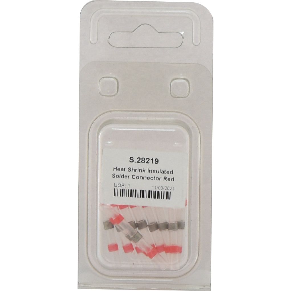 A package of Heat Shrink Insulated Solder Connector Red (10 pcs. Agripak), labeled Sparex part number S.28219, contains several connectors with red insulation.