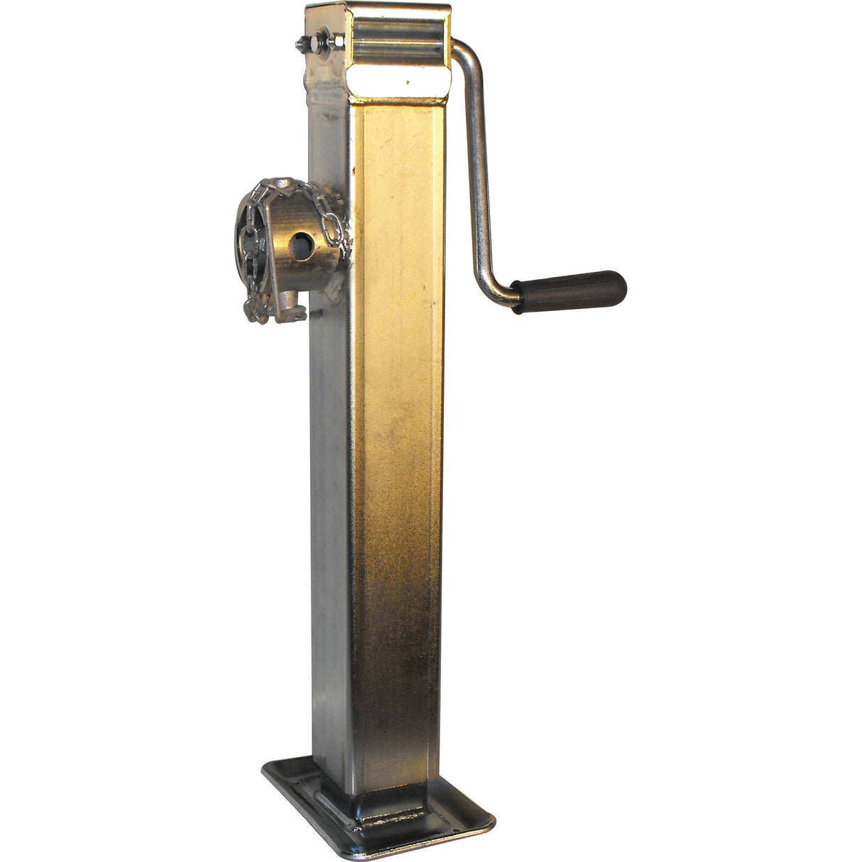 The Side Wind Parking Jack - S.28300 by Sparex is a metallic manual trailer jack with a handle for lifting and lowering trailers, suitable for various trailer types.