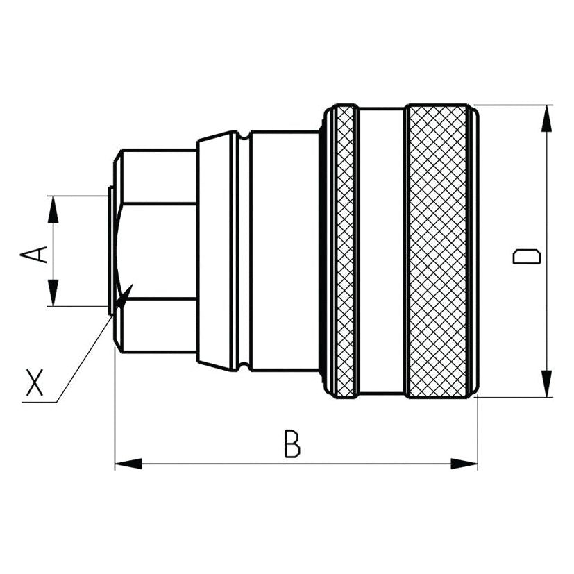 Technical drawing of the Sparex Hydraulic Trailer Brake Coupling Female M18 x 1.50 Metric Female Thread (Agripak 1 pc.) labeled with dimensions A, B, D, and X. The component includes a ridged section, a hexagonal end, and features a Metric Female Thread.