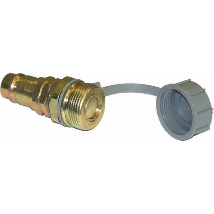 Introducing the Sparex Transformer Coupling Male VPXLG (long version), Part No. S.28525: A metal hose connector with a screw-on cap attached by a plastic strap, designed for compatibility with Transformer Coupling systems.