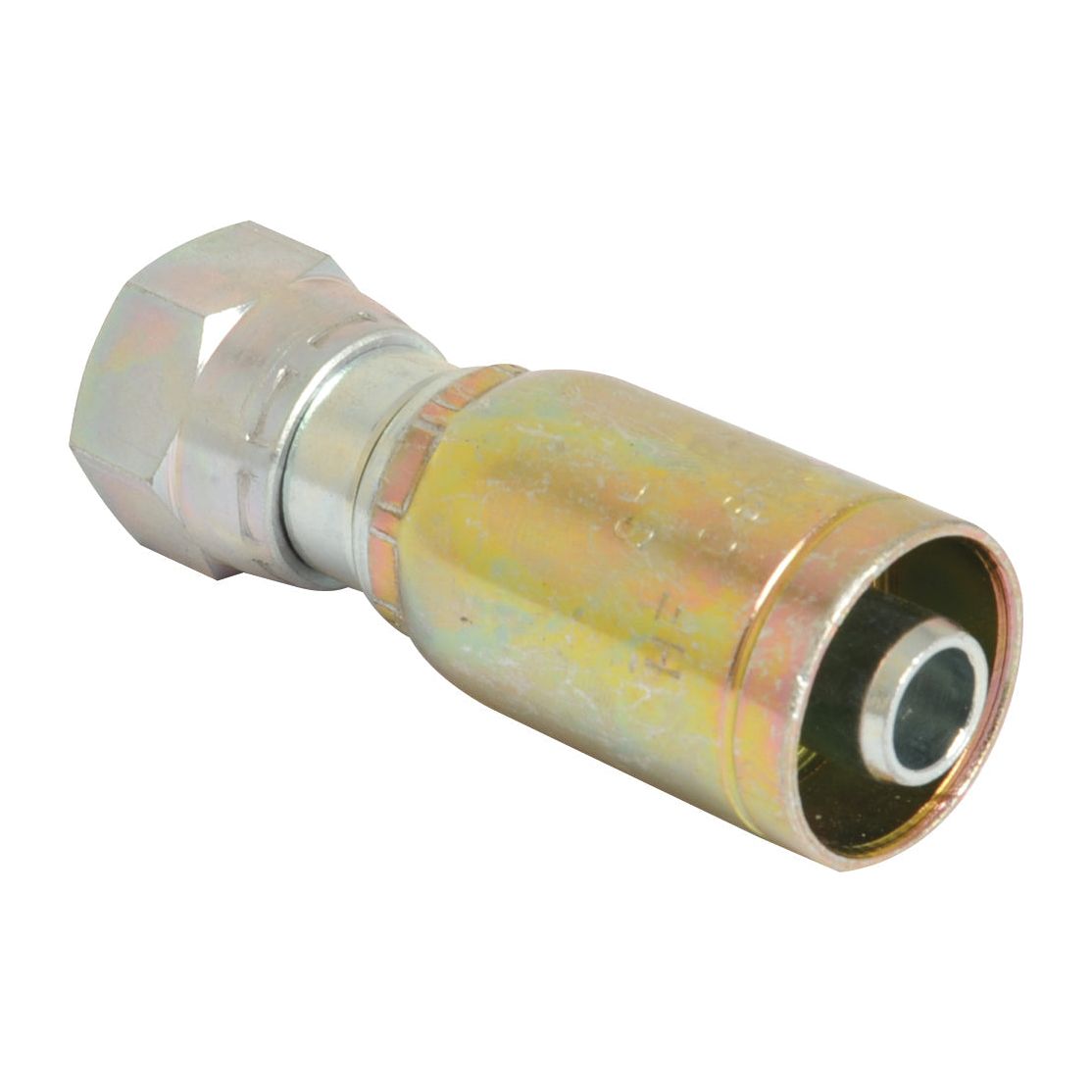 Close-up of a Sparex Hose Insert 1/2'' x - S.2861308, featuring a threaded end and hexagonal nut, predominantly gold and silver in color. Suitable for various applications, this premium-quality fitting from Sparex meets rigorous manufacturing standards.