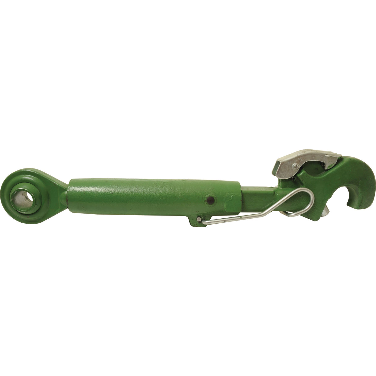 Close-up of the Sparex Top Link Heavy Duty (Cat.3/3) Ball and Q.R. Hook, M36 x 4.00, Min. Length: 530mm (S.28783). Featuring a hook end and locking pin, this green agricultural component is designed for three-point hitch systems on tractors and is suitable for various heavy-duty applications, meeting high durability standards.