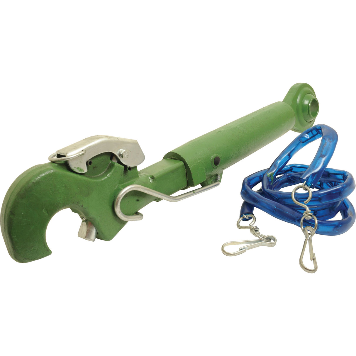 Introducing the Sparex Top Link Heavy Duty (Cat.3/3) Ball and Q.R. Hook, M36 x 4.00 with a minimum length of 530mm (S.28783), featuring a green hoist hook arm paired with a blue coiled chain and metal clasps, perfect for various lifting applications.