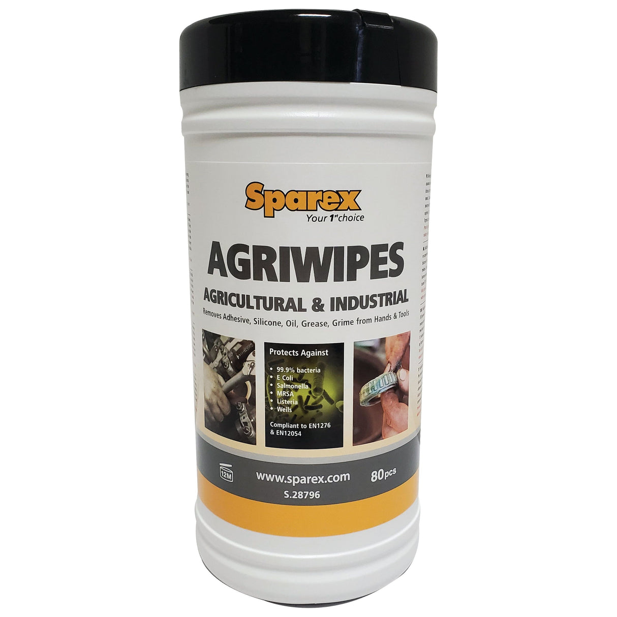 A container of Hand Wipes - Agriwipes by Sparex, part number S.28796, designed for agricultural and industrial use. The label highlights its ability to remove adhesives, silicone, oil, grease, and grime from hands and tools. Contains 80 hand wipes.
