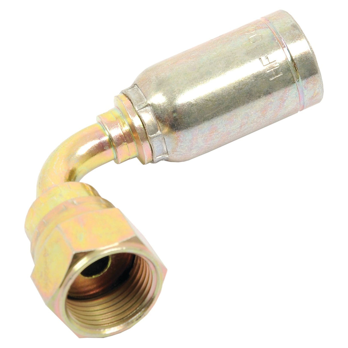 The image displays the Sparex Hose Insert 3/8'' x - S.2881306, a metal hydraulic hose fitting with a 90-degree bend and threaded ends, ideal for connecting hoses in hydraulic systems. For further details, please refer to the manufacturer's information.