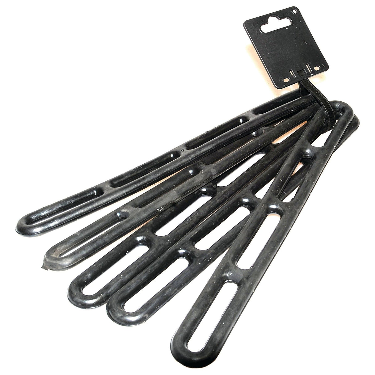 The TAG Strap Rubber Tensioner 270mm with 4 loops by Sparex, available in a set of 5 as S.28943, is perfect for separating and organizing various items with its black rubber construction and square tag design.