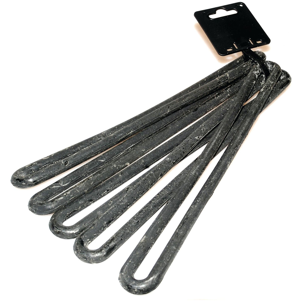 The TAG - Oval Rubber Tensioner 270mm 1 loop (Qty 5) by Sparex features a set of five slightly bent, textured metallic rods connected at one end with a black plastic holder and hanging tab. These versatile tensioners include detailed manufacture information for your convenience.