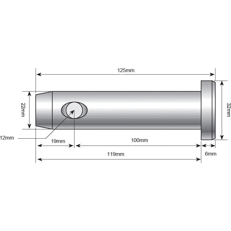 Technical drawing of the Sparex Lower link pin 22x100mm Cat. 1 (Sparex Part No. S.29241) showing precise measurements, including an overall length of 125mm, a diameter of 22mm at the wider end (Pin Ø 22mm), and a flange diameter of 32mm.