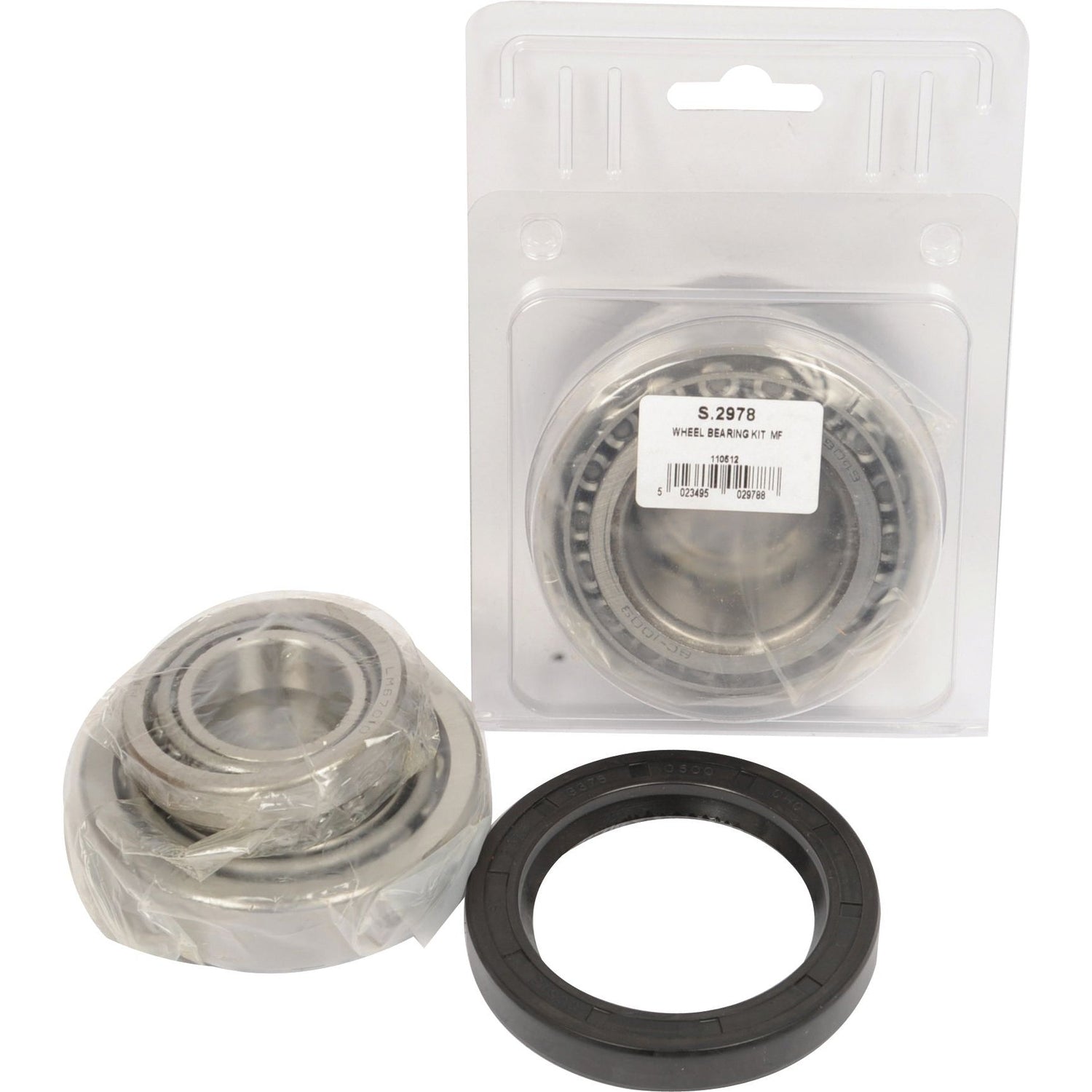 Image of a packaged Wheel Bearing Kit - S.2978 by Sparex, which includes two metal bearings, a rubber seal, and an instruction manual. The kit is displayed with one bearing and seal outside the packaging, suitable for various vehicle models. For detailed manufacturing information, refer to the included instruction manual.