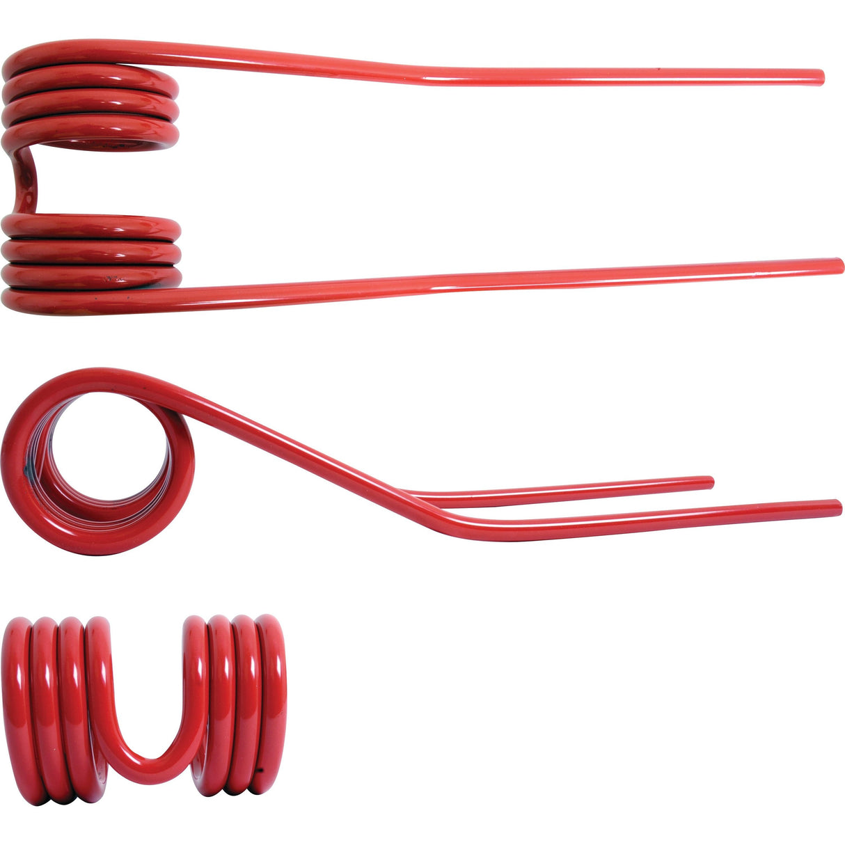 Displayed against a white background are three Tedder haytines, right-hand and left-hand models, each with a length of 385mm, width of 102mm, and diameter of 9.5mm. These haytines, including the model that serves as a replacement for Fella to fit as part number 487922 (Sparex Part No. S.29830), showcase various configurations and bends.