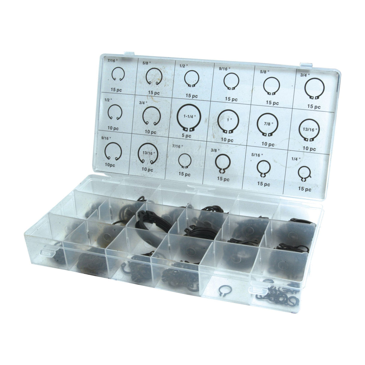 The Sparex organizer box (Sparex Part No.S.29880) is a 0.30kg clear plastic container with an open lid, featuring labeled compartments for various sizes and quantities of O-rings, along with designated slots for internal and external circlips.