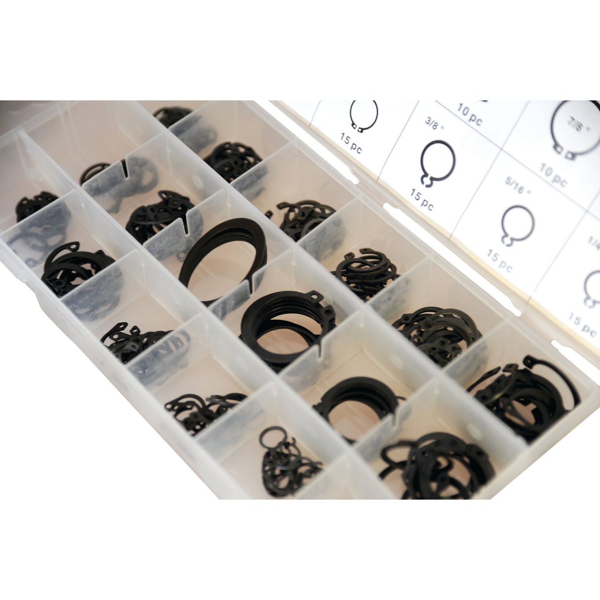 The Sparex organizer box (Sparex Part No. S.29880) is a plastic container equipped with multiple compartments that hold an assortment of black retaining rings in various sizes, including internal circlips, and has a total weight of 0.30kg.