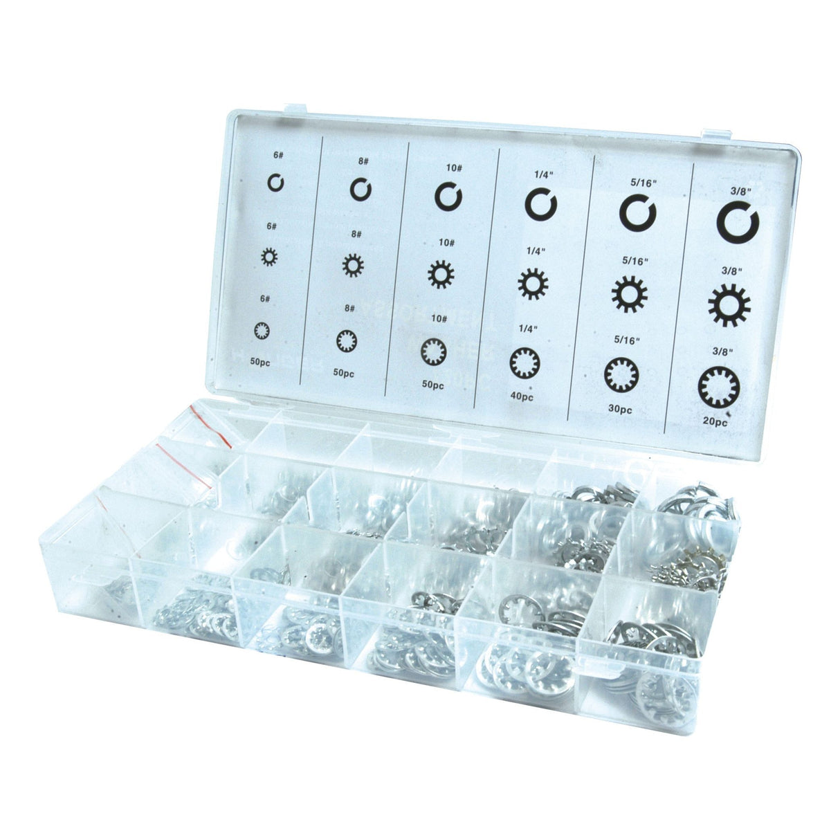 The Shakeproof & Spring Washer Assortment by Sparex, containing 720 pieces, is packed in a clear plastic organizer with multiple compartments. The lid is labeled to indicate the quantities and types of washers, including various sizes of metal lock washers and spring washers.