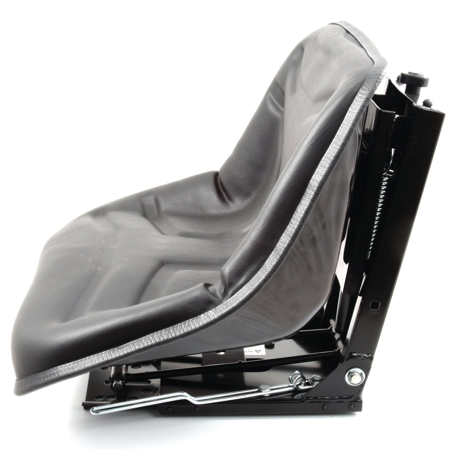 Side view of the black, foldable Sparex Seat Assembly (Sparex Part No.S.29961) with a metal frame and lever mechanism by Sparex.