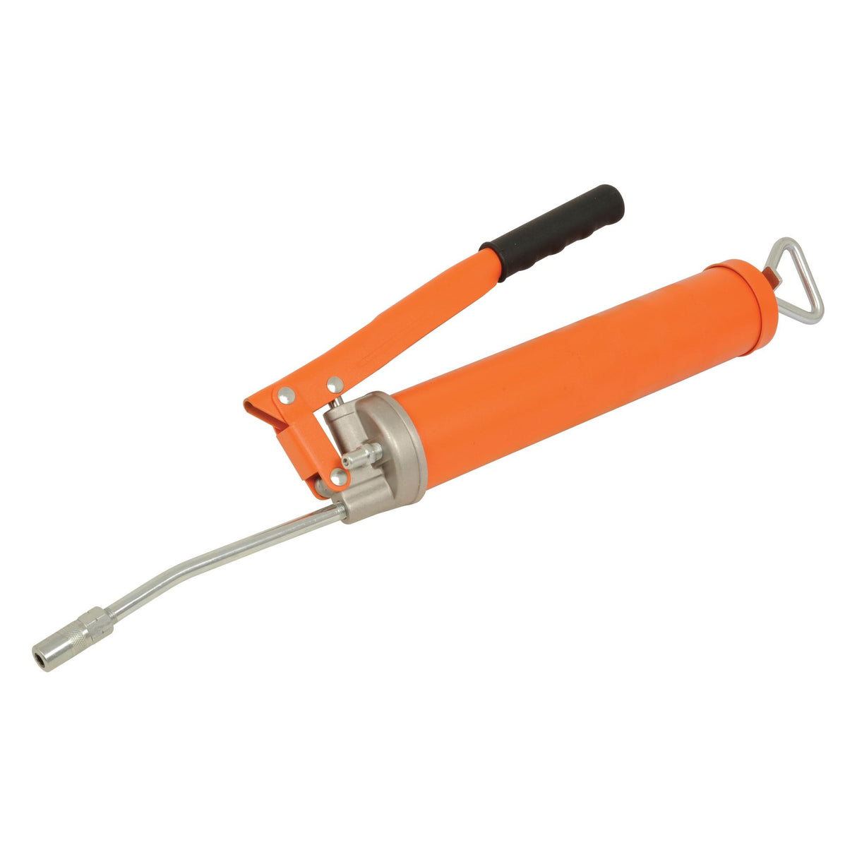 The Sparex Grease Gun - (Standard Duty) S.29978, featuring an orange design with a black handle grip and a high-pressure flexible hose nozzle, is suitable for various lubrication tasks.