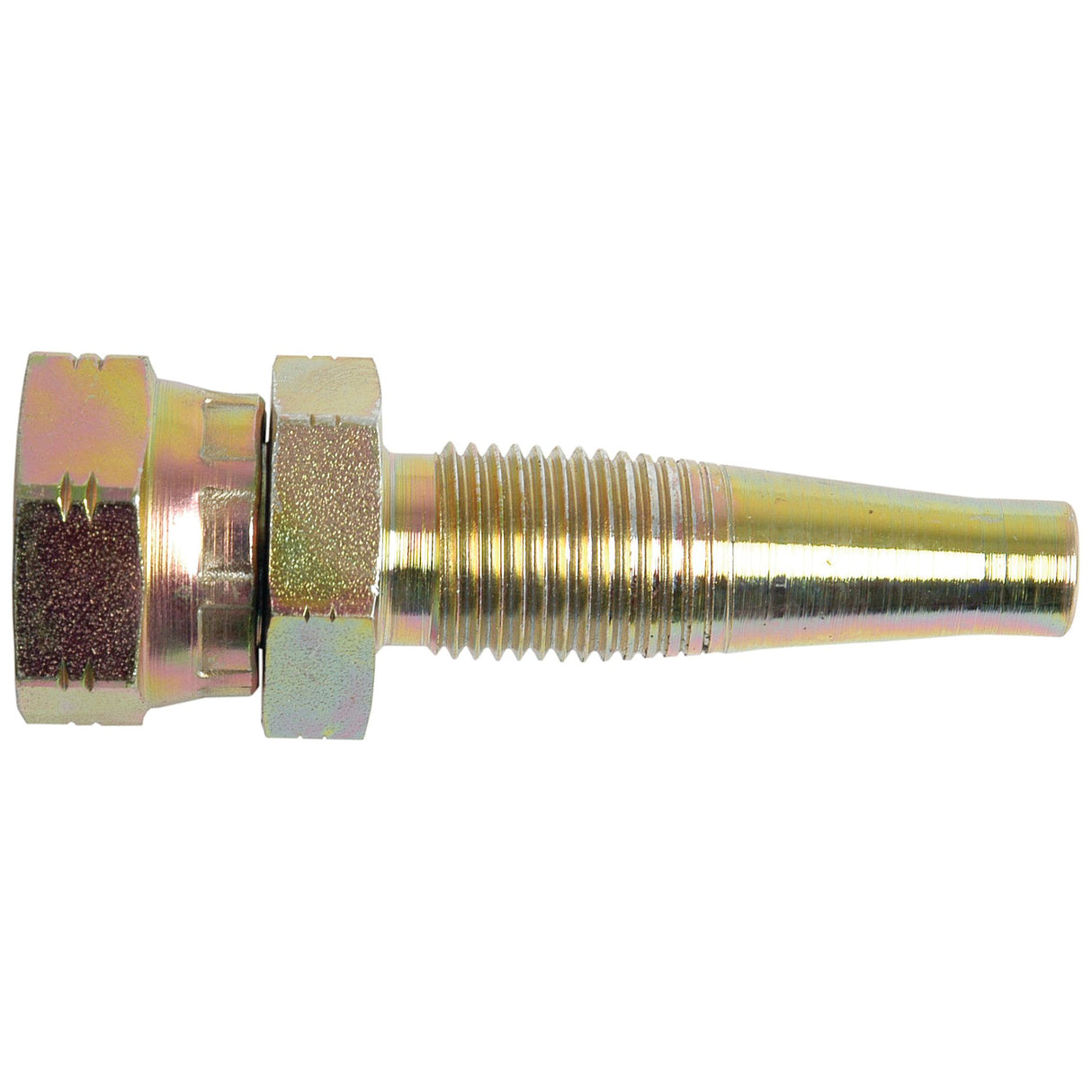 The Sparex Hydraulic 2-Piece Re-usable Coupling Insert (Part No. S.30236) features a threaded section and a tapered end, ideal for joining hoses or pipes with a hose inner diameter of 3/8". This metallic fitting is designed for compatibility with M18 female connections and has a 90-degree swept design.