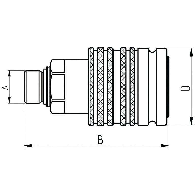 Technical drawing of a cylindrical mechanical component made from carbon steel, featuring labeled dimensions: A, B, and D for the Sparex Hydraulic Quick Release Coupling Set (Double Bracket) Female 1/2'' Body x M18 x 1.50 Male Thread | Sparex Part No.S.30245 by Sparex.