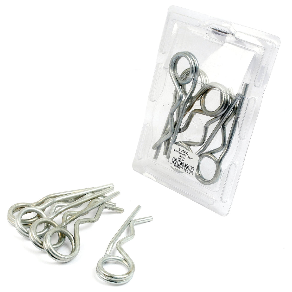 A package of silver cotter pins from Sparex (Weight: 0.48kg, Sparex Part No. S.30263), with several loose Pin Ø19-32mm cotter pins placed beside it.