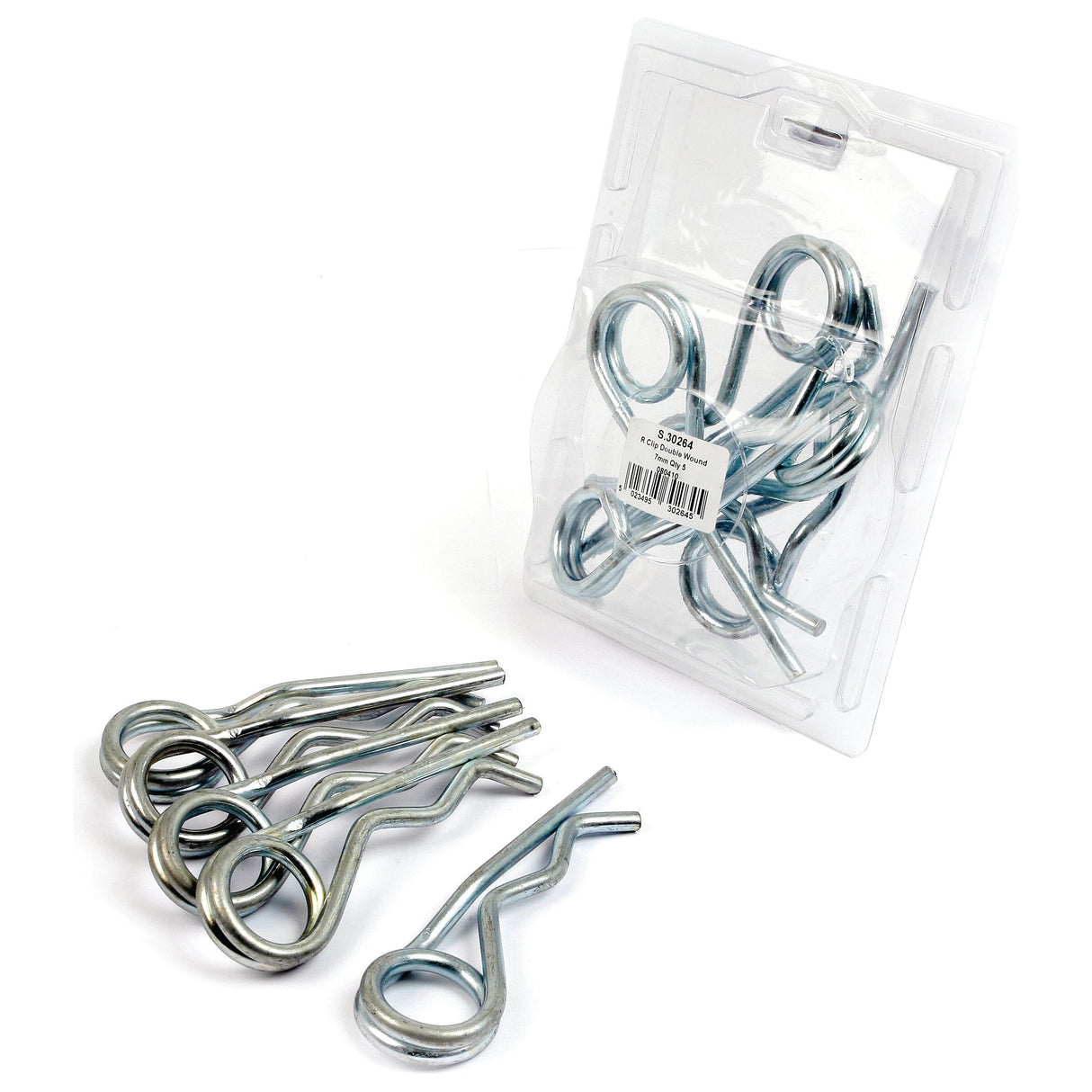 A set of Sparex Double Wound Grip Clips, including several Ø7mm x 150mm clips, with some lying on a surface and others in clear Agripak packaging (Sparex Part No.S.30264).