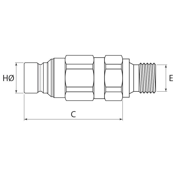 Technical line drawing of a threaded cylindrical component with labeled dimensions: HØ, C, and E. Featured is the Sparex Stauff Flat Faced Coupling Male 1/2'' Body x M18 x 1.50 Metric Male Thread (Sparex Part No.S.30543) made of carbon steel.