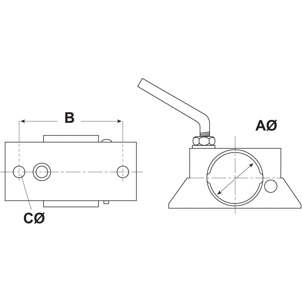 Technical drawing showing front and side views of the Wheel Jack Bracket (Sparex Part No. S.3064), with labeled dimensions: AØ, B, and CØ. Crafted from high-grade Simol steel, the side view includes a diagonal protrusion.