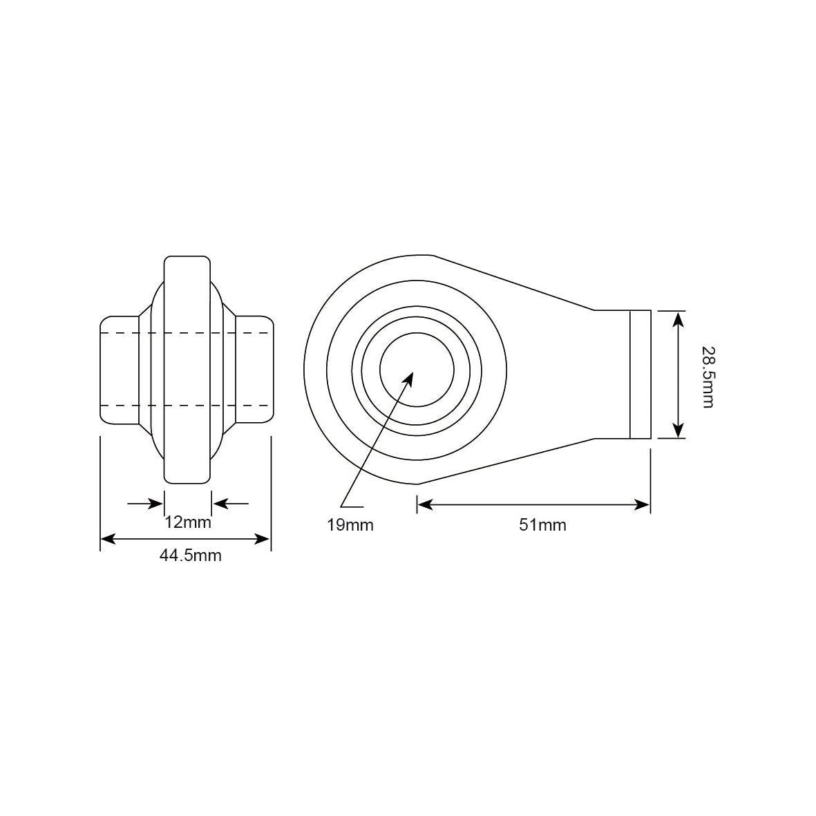 A technical drawing of the Sparex Top Link Weld On Ball End (Cat. 1) | Sparex Part No. S.310, showing front and side views with dimensions labeled: 44.5mm width, 12mm depth, 28.5mm height, 51mm length, and a central opening of 19mm.