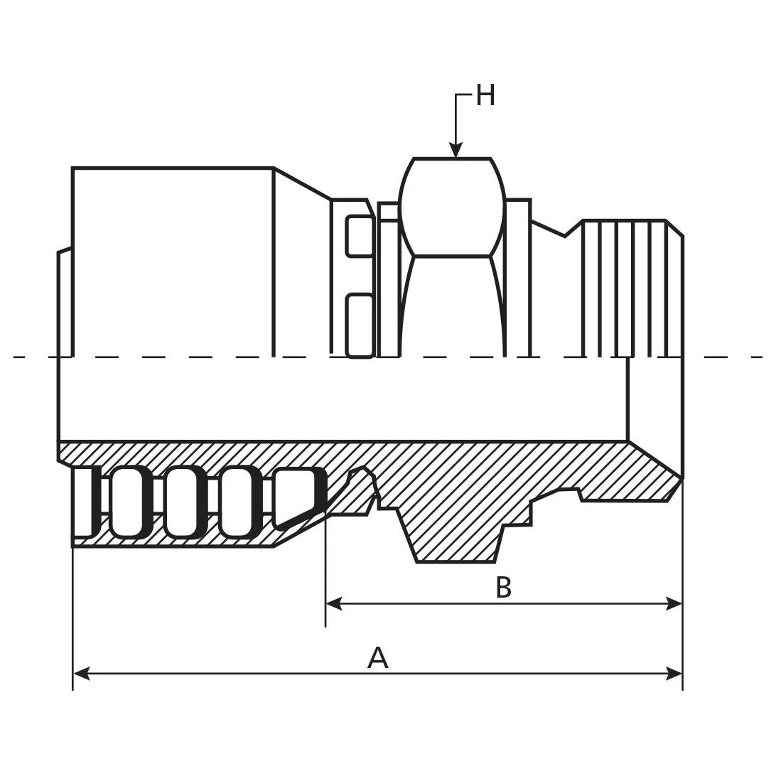 The technical drawing of the Parker BSP Hose Insert 1/2'' x 1/2'' x 14'' Male Straight - S.3110808, a product by Sparex, features a cross-sectional view with labeled dimensions A, B, and H. The drawing includes detailed elements such as threading and a complex internal structure, making it suitable for creating precise product specifications.