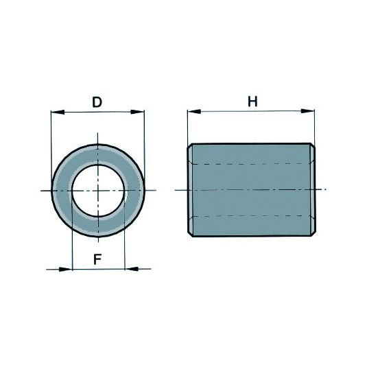 Technical drawing showing a cylindrical part with its front and side views. Dimensions illustrated are diameter (D), height (H), and internal diameter (F). The 25MM bore, specifically featured in the WELD ON BUSH 25MM BORE by Sparex (Part No.S.31216), is particularly noteworthy for compatibility, as it aligns with Sparex requirements and standard piston diameters.