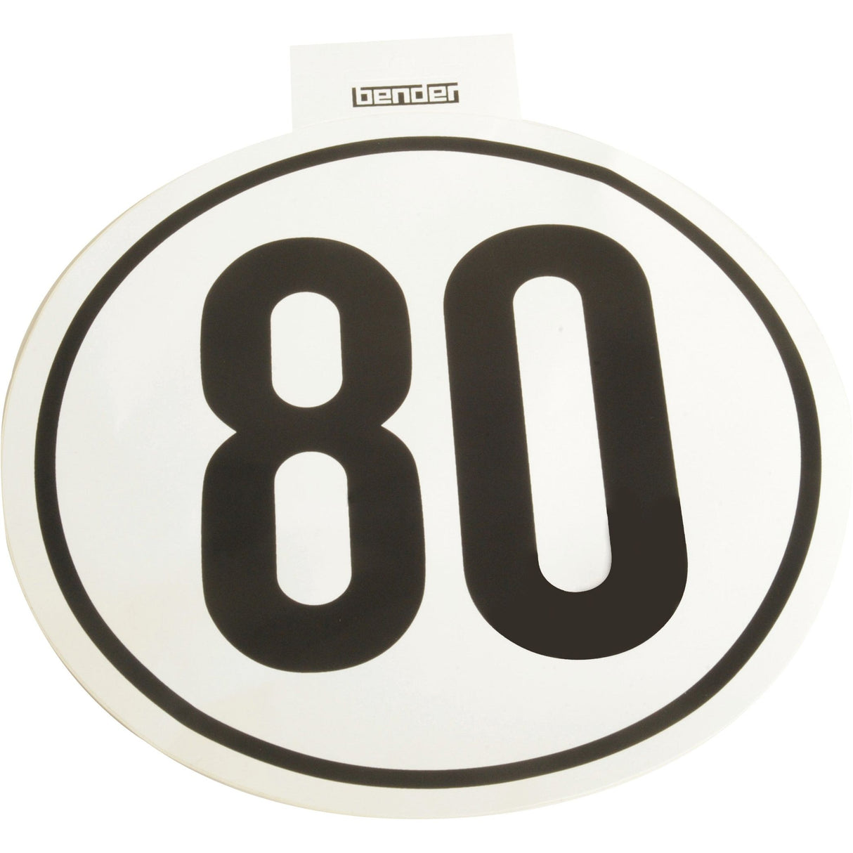 The Sparex Speed Limit Sign 80KM/H - S.31365, features a round design with a white background and the number "80" displayed prominently in large black font. The word "bender" is written above the number. This sign is suitable for various applications, combining clarity with essential manufacturing information.