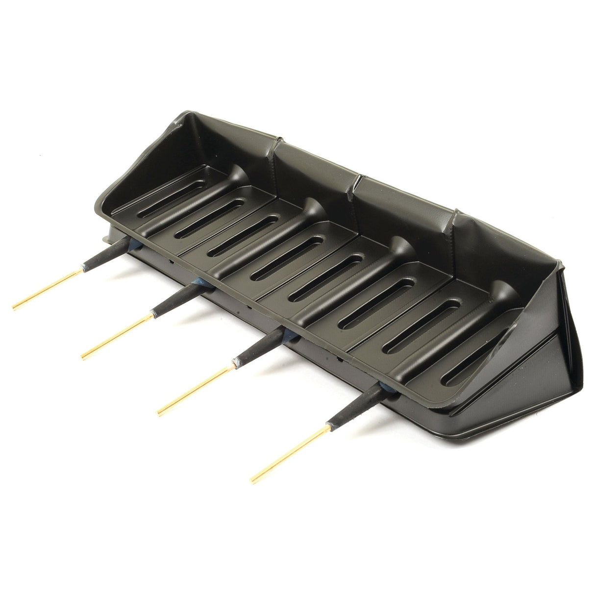 A black plastic tray with three raised sections and five attached metal rods, perfect for organizing your Tyre Repair Refill Minicomb A6 x 40 pcs. (Sparex Part No. S.31429) tools by Sparex.