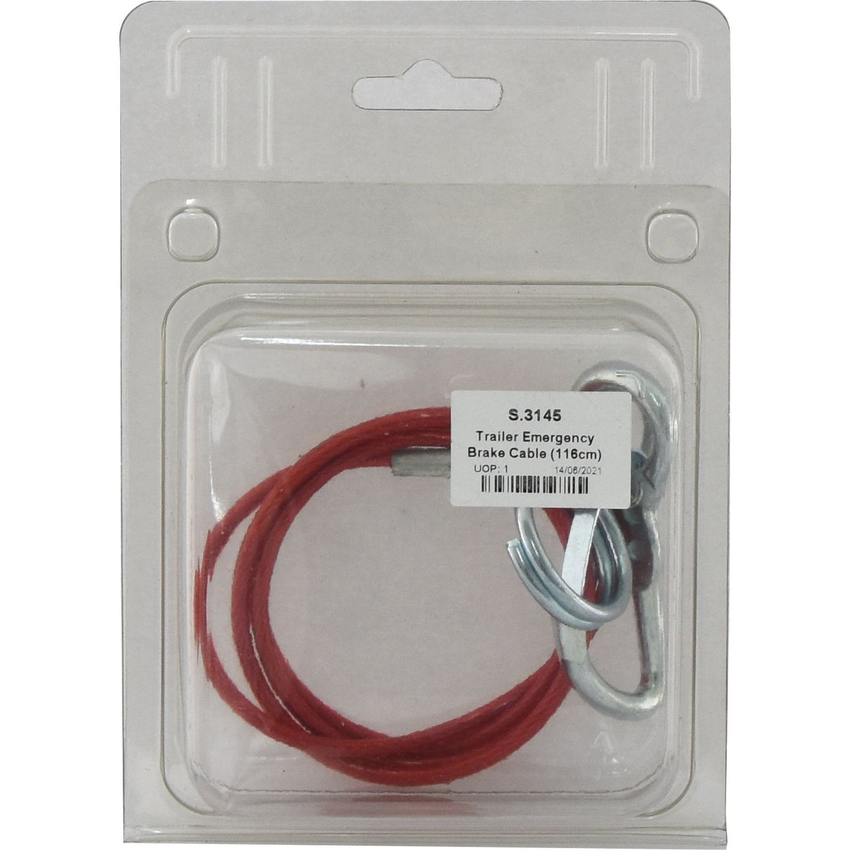 Package containing a Sparex Trailer Emergency Brake Cable 116mm (Part No. S.3145) with hooks, perfect for your towing vehicle, displayed in clear plastic packaging.