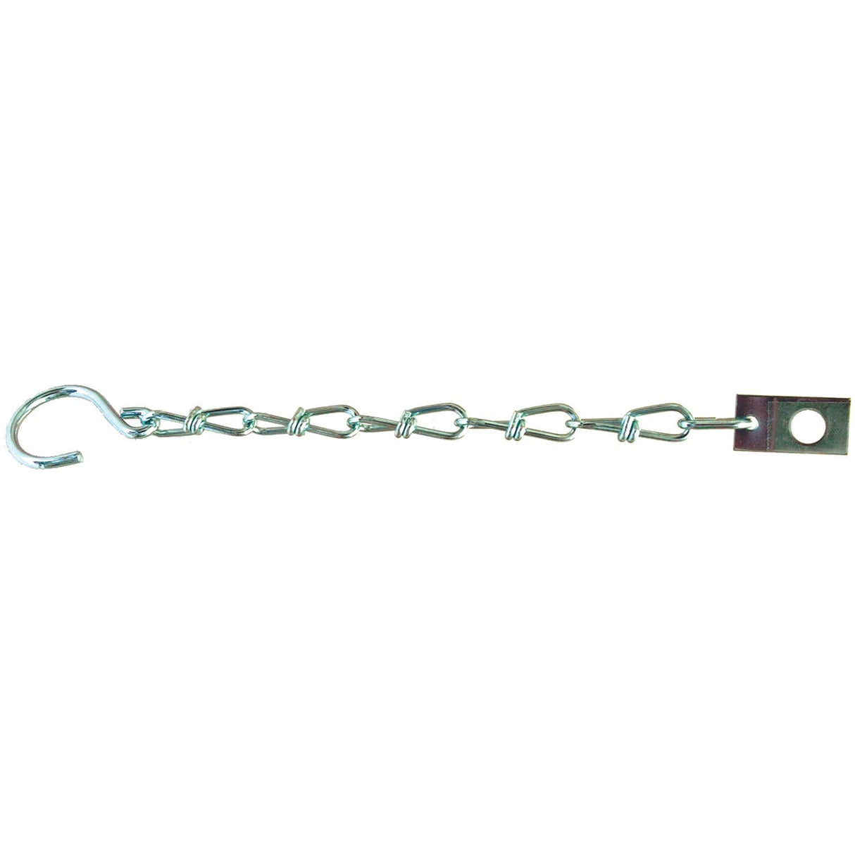 The Sparex Safety Chain with Hook - S.31501 is a versatile metal chain featuring a hook on one end and a flat bracket with a circular hole on the other, suitable for various applications.