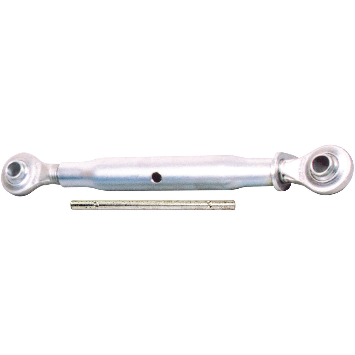 A Sparex Top Link (Cat.1/2) Ball and Ball, 1 1/8'', Min. Length: 630mm - S.319 is depicted, featuring two end fittings and a separate metal rod below it, designed for a range of applications.