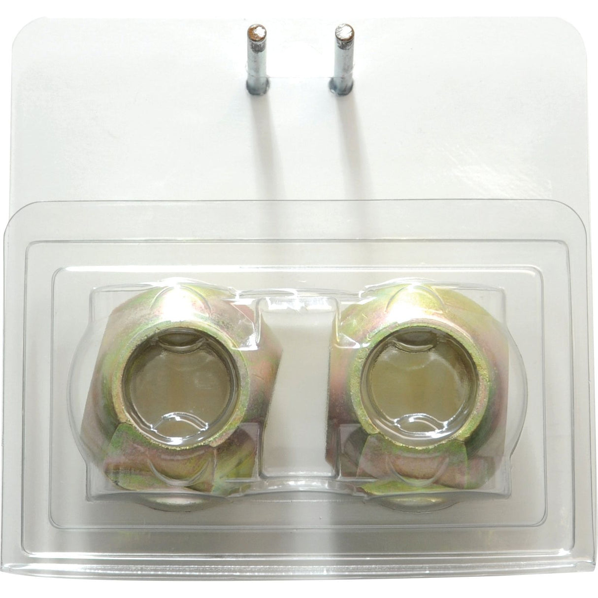 Close-up of a packaged set of Lower Link Dual Category Balls (Cat. 2 Outer, 1/2 Inner) from Sparex on a clear plastic card with two pegs at the top for hanging. Suitable for various applications, these bearings come with detailed manufacture information. This specific product, S.3223, includes two pieces in an Agripak package.