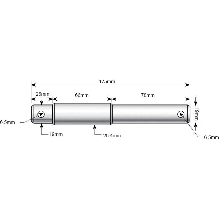 Detailed technical drawing of the Sparex Top link pin - Dual category 19 - 25 - 19mm Cat.1/2 (Sparex Part No.S.3234), a cylindrical metal hinge with a working length of 175mm, Pin Ø 19mm, Hole Ø 6.5mm, and sections measuring 78mm, 66mm, and 26mm.