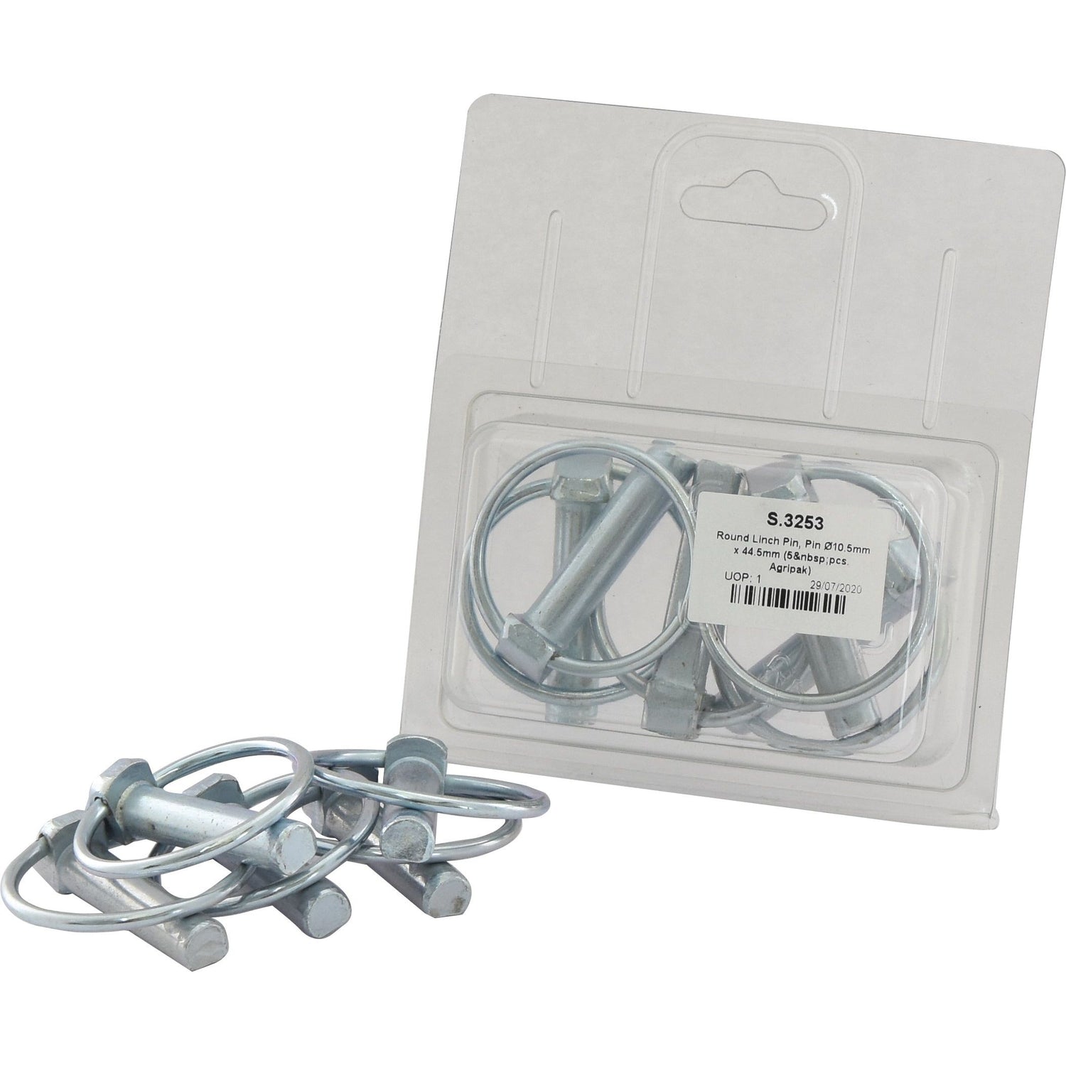 A package of Round Linch Pin, Pin Ø10.5mm x 44.5mm (Sparex Part No.S.3253) and a small pile of Sparex standard duty R-clip pins with loop heads and flat tops, with the package featuring a white label with text.
