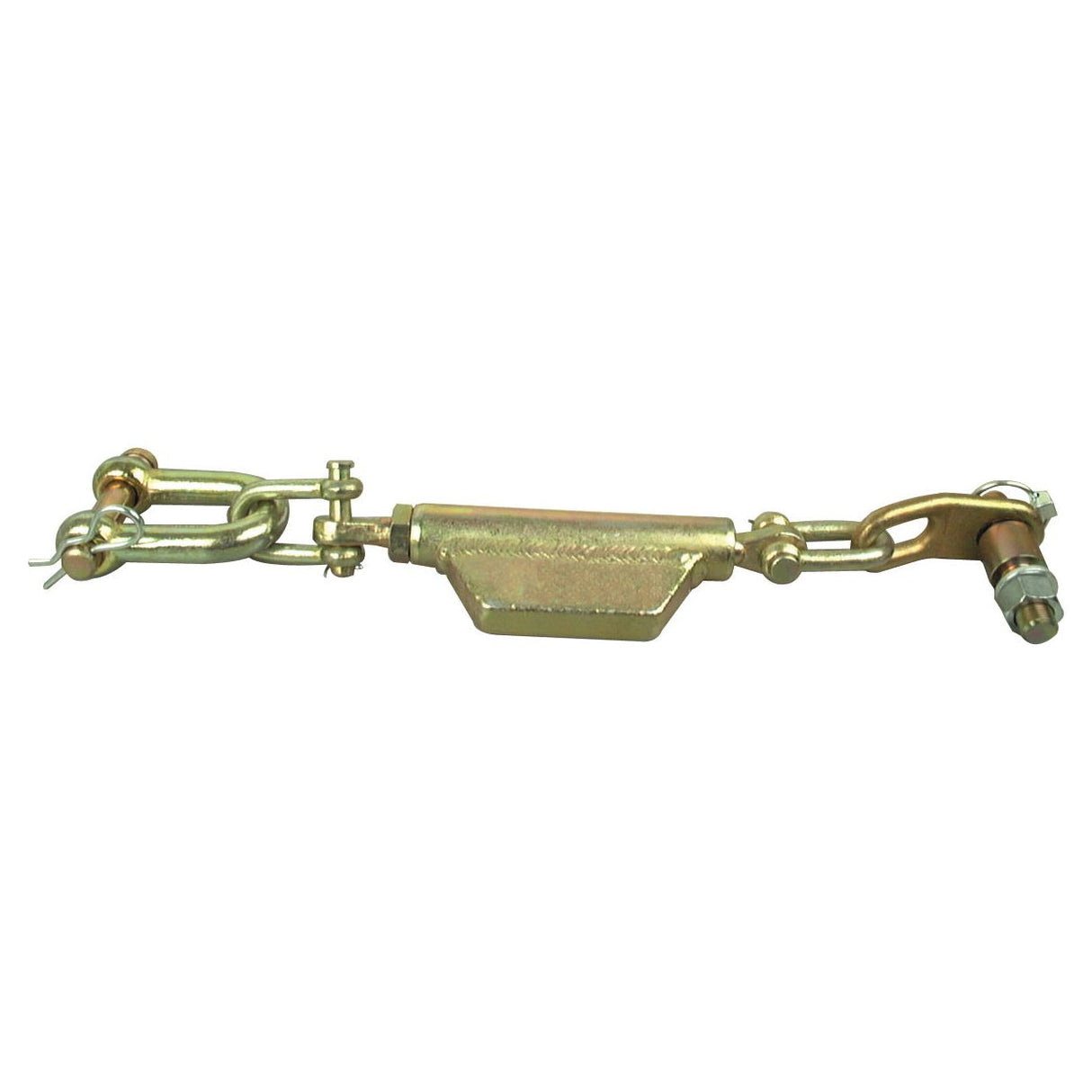 Close-up of a Sparex Stabiliser Chain featuring a D-Shackle with Ø19mm thread and 3/4 UNC, measuring at a minimum length of 540mm. It includes hook and eye bolts on either end, ideal for adjusting tension in cables or ropes and particularly suited for use with Massey Ferguson 135 equipment. Available as Sparex Part No. S.3287.