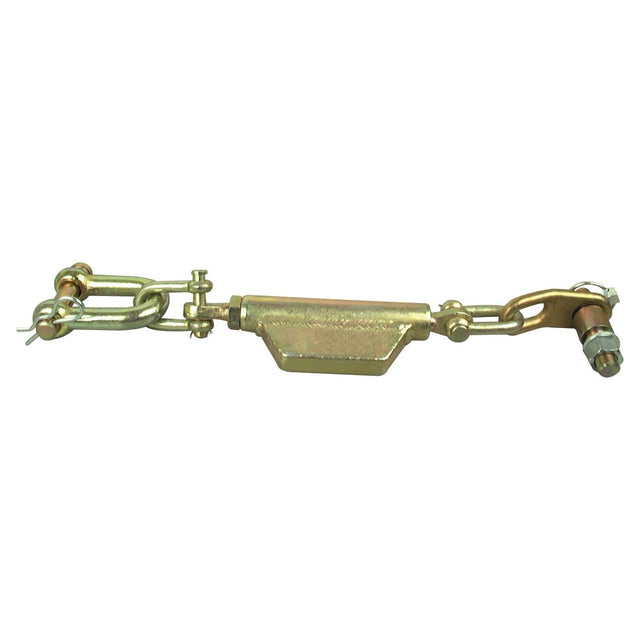 Close-up of a Sparex Stabiliser Chain featuring a D-Shackle with Ø19mm thread and 3/4 UNC, measuring at a minimum length of 540mm. It includes hook and eye bolts on either end, ideal for adjusting tension in cables or ropes and particularly suited for use with Massey Ferguson 135 equipment. Available as Sparex Part No. S.3287.