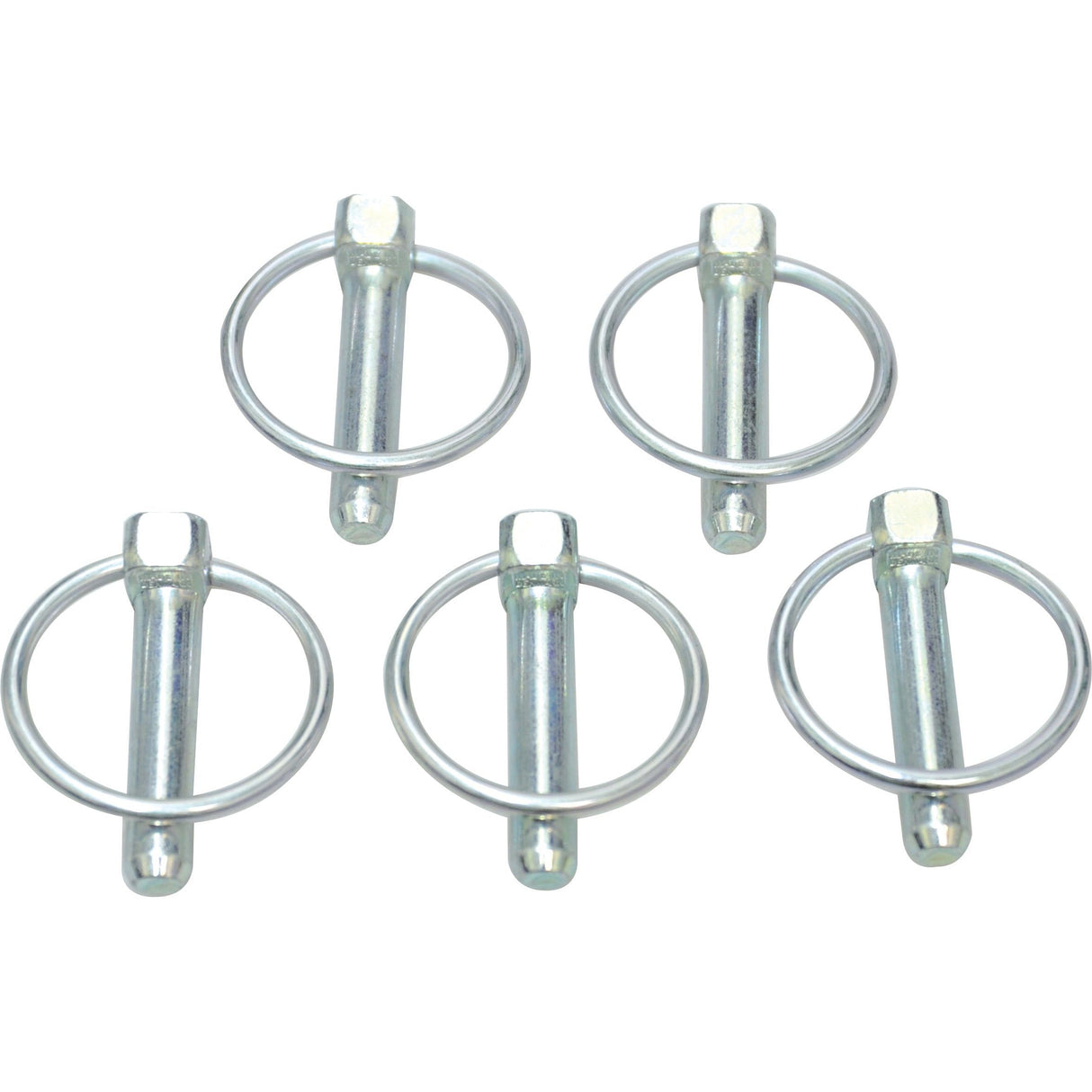 Five Sparex Round Linch Pins (Pin Ø9.5mm x 44.5mm, Part No.S.3291) from Agripak, arranged in a triangular pattern against a white background, demonstrate the Standard Duty quality you can expect from this trusted brand.