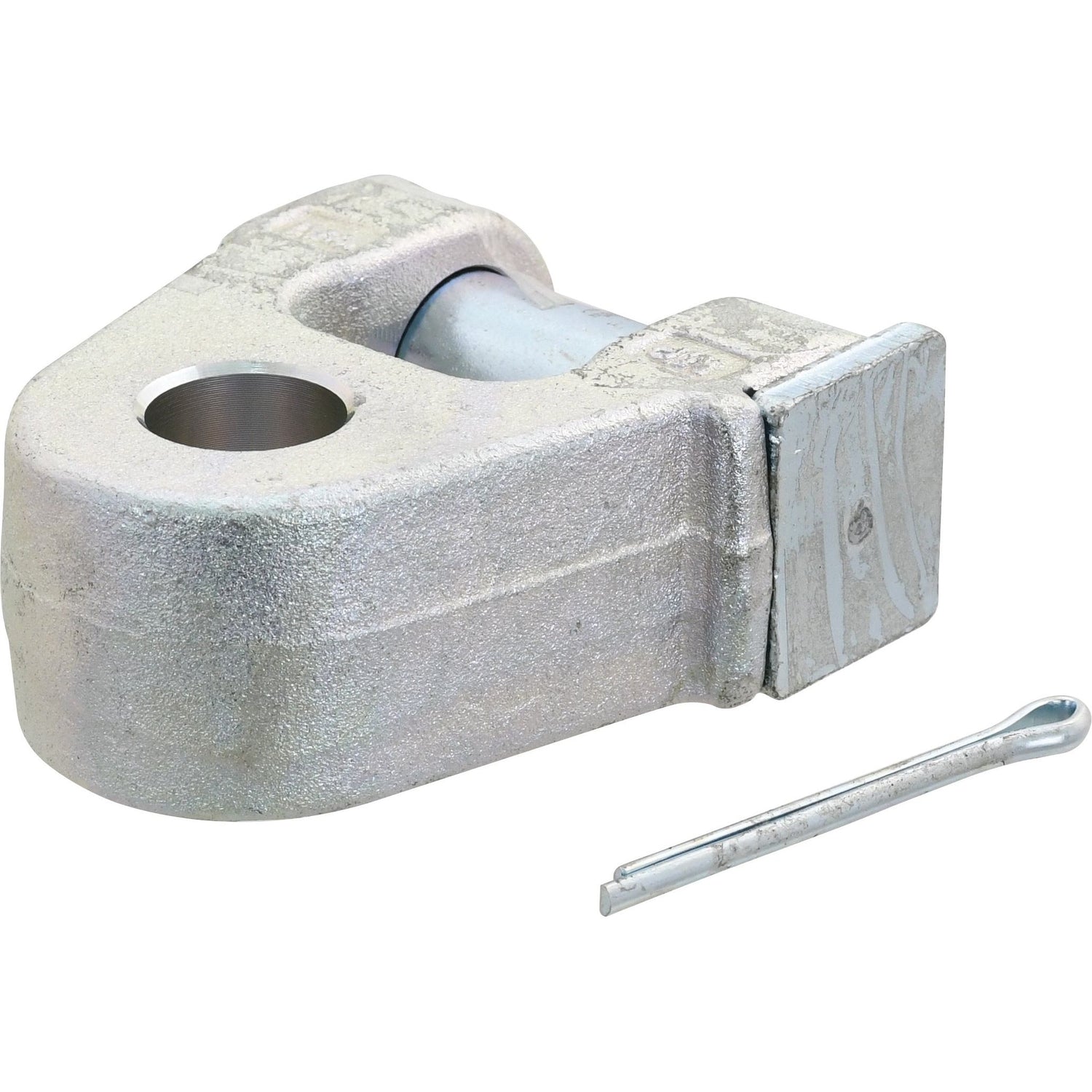 The Top Link Knuckle End - Cat. 2 by Sparex (Sparex Part No. S.32943) is a heavy-duty metal clevis with a pin, designed for connecting or fastening machinery. Displayed on a plain white background, this clevis features precise hole diameter and fixing hole specifications to ensure secure attachment and optimal performance.