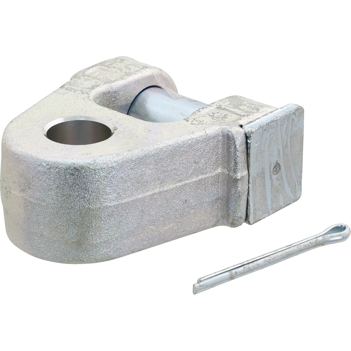 The Top Link Knuckle End - Cat. 2 by Sparex (Sparex Part No. S.32943) is a heavy-duty metal clevis with a pin, designed for connecting or fastening machinery. Displayed on a plain white background, this clevis features precise hole diameter and fixing hole specifications to ensure secure attachment and optimal performance.