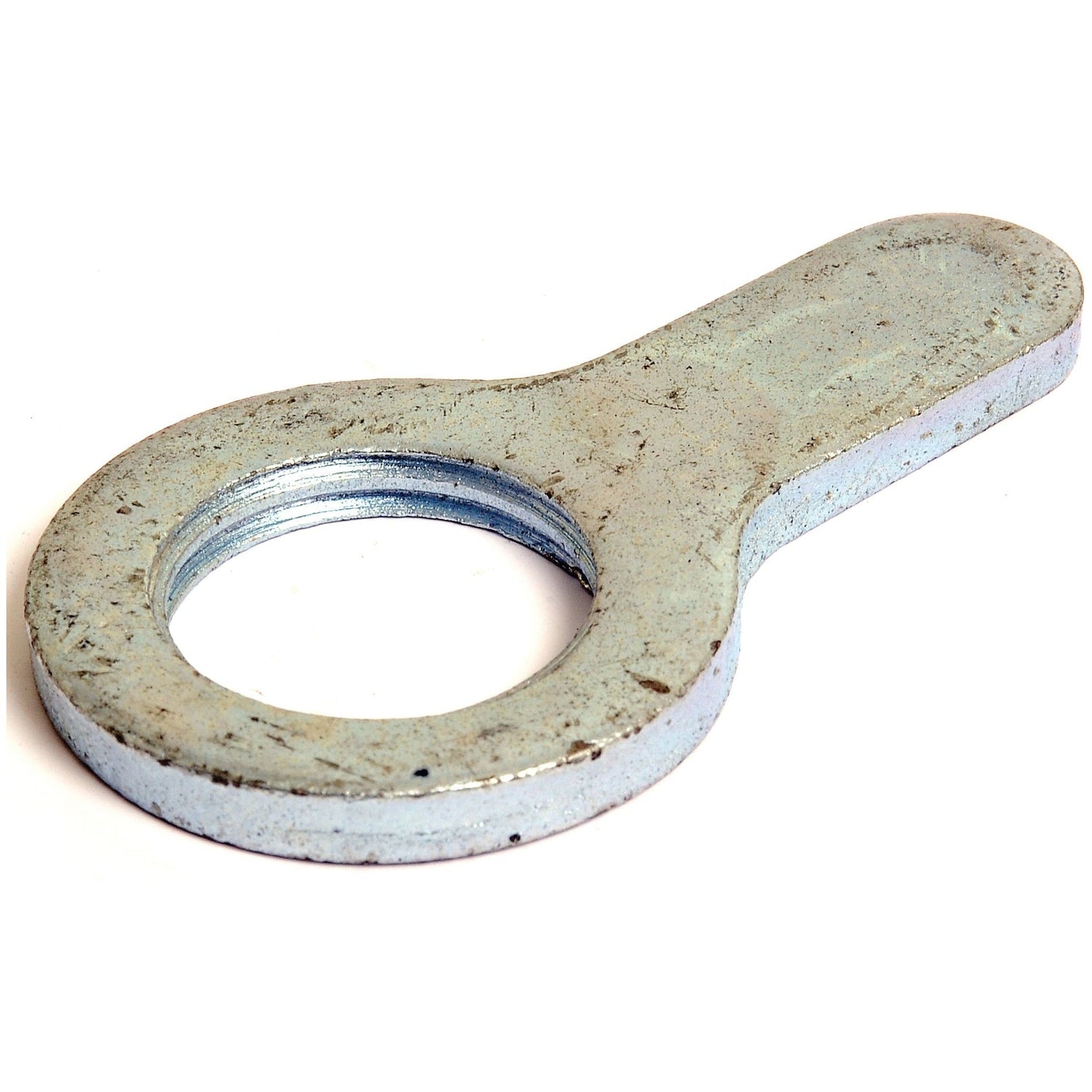The Top Link Locking Collar (Cat. 2) - S.32952 by Sparex is a flat, silver metal piece with a circular hole and an extension on one side, suitable for various applications.