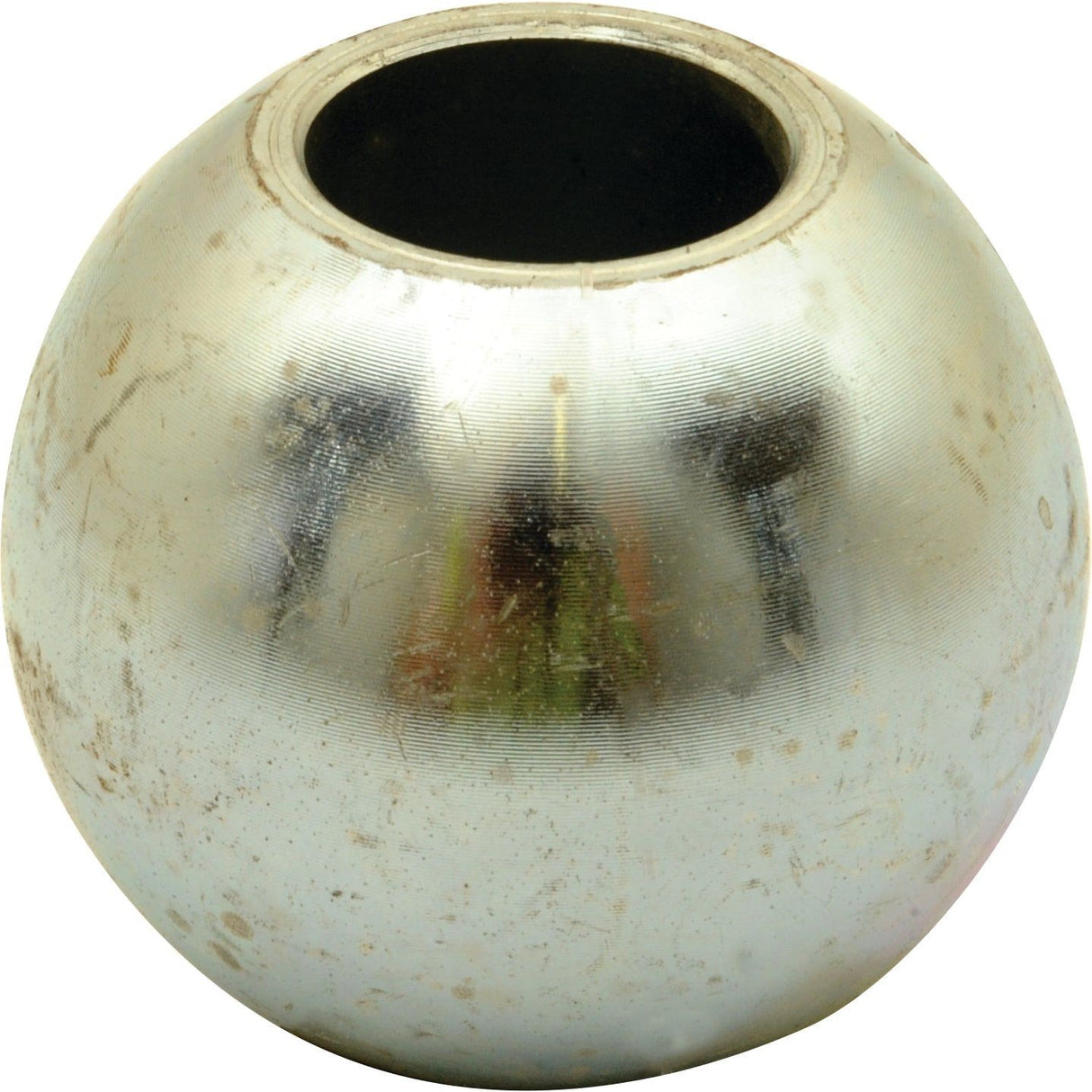 The Top Link Ball (Cat. 3/2) - S.33009 by Sparex is a rounded, metallic, hollow object with an opening at the top and a reflective, slightly worn surface. Its manufacture ensures it meets precise specifications.